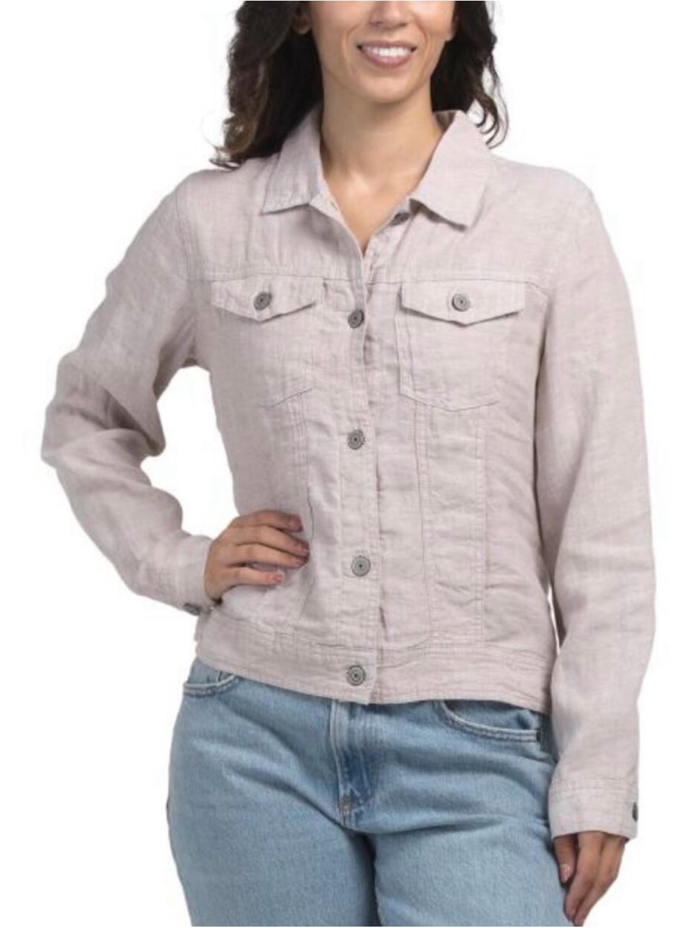 JNY Jones New York Light Pink Beige Linen Button-Front Trucker Jean Jacket XL